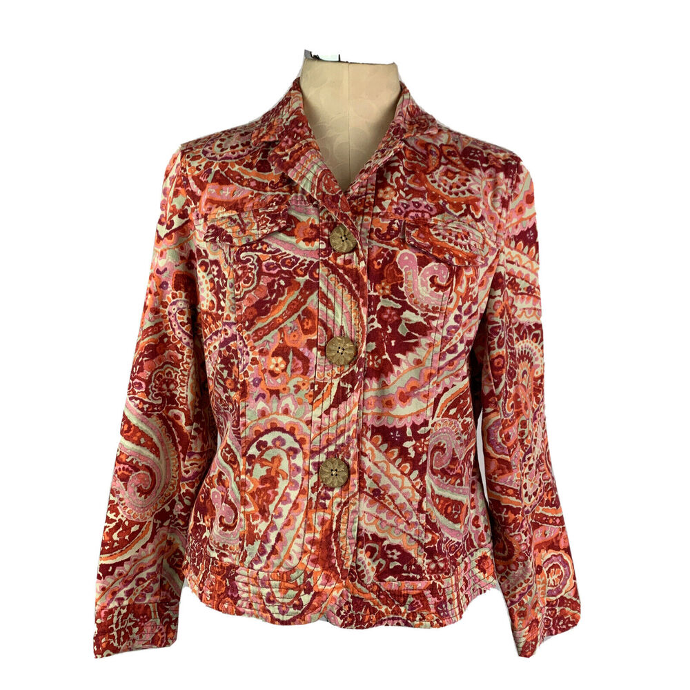 12P Petite Coldwater Creek Button Front Jacket Women's Red Orange Pattern